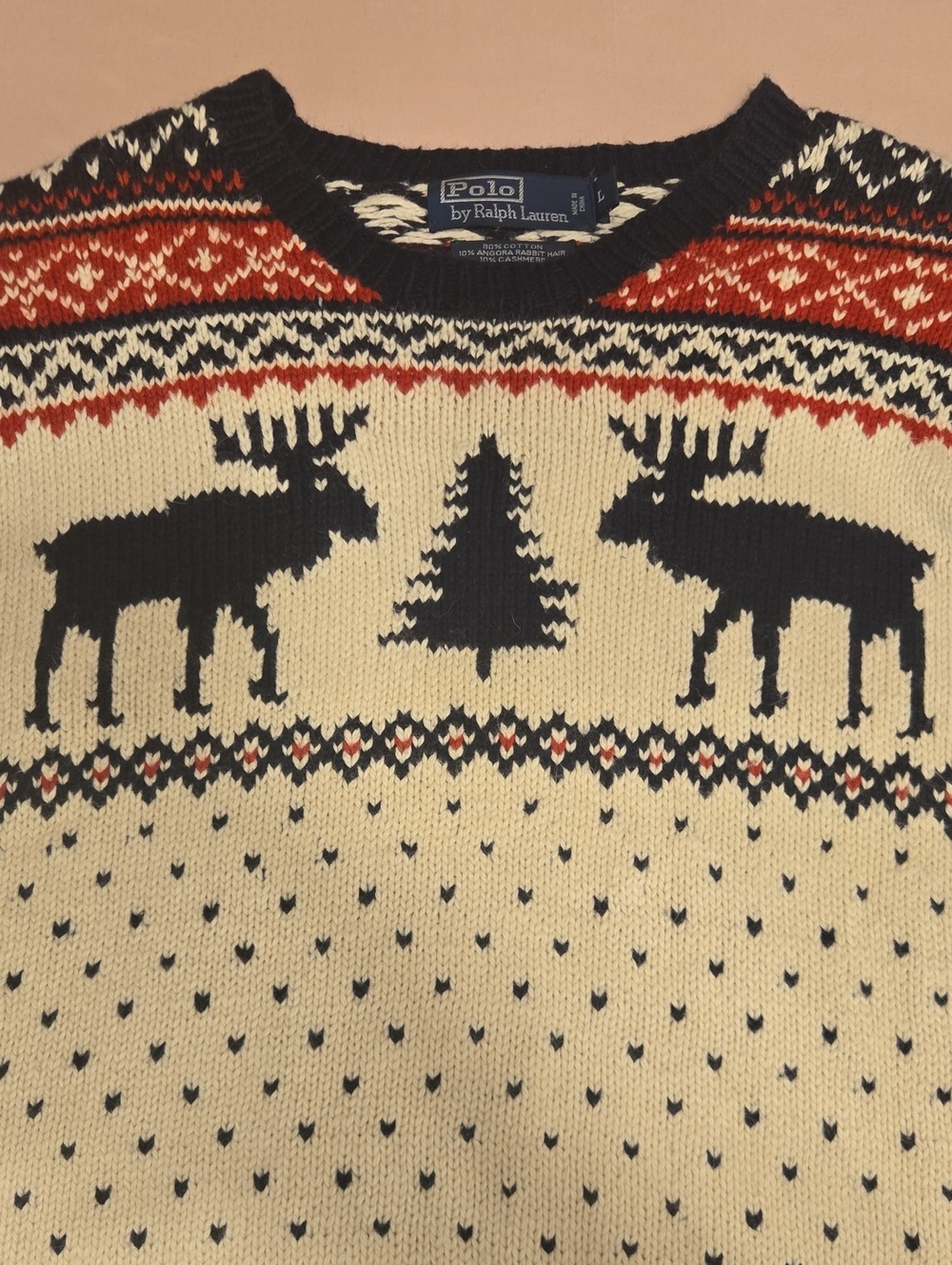 Polo by Ralph Lauren Cream Crewneck Sweater with Navy and Rust Fair Isle Moose
